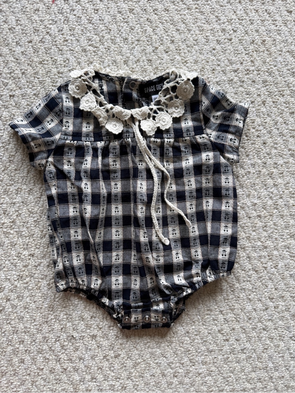 Space Grey Black & Cream Plaid Crochet Collar Baby Romper